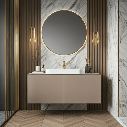 modern luxury bathroom with sleek vanity marble wall tiles and golden fixtures