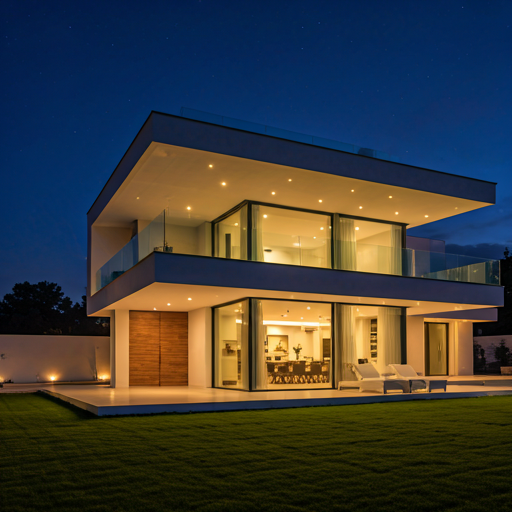 dramatic night view of modern luxury villa exterior with warm interior lighting and large glass windows