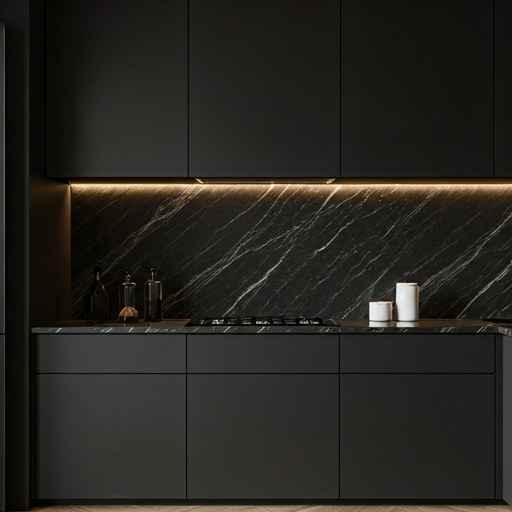 modern kitchen design with black marble countertops dark cabinetry and high end appliances