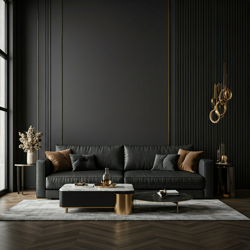 ultra modern minimal living room interior with dark furniture gold accents and large floor to ceiling windows