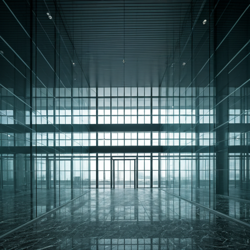 modern luxury commercial office lobby with high ceilings glass walls and marble flooring architectural interior