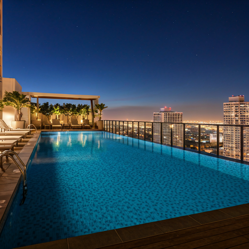 luxury apartment rooftop swimming pool at night with ambient lighting and city view in the distance